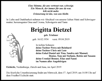 Traueranzeige von Brigitta Dietzel von Ostthüringer Zeitung