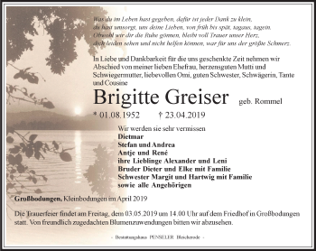 Traueranzeige von Brigitte Greiser von Thüringer Allgemeine