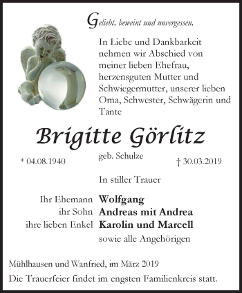 Traueranzeige von Brigitte Görlitz von Thüringer Allgemeine, Thüringische Landeszeitung