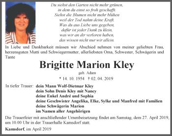 Traueranzeige von Brigitte Marion Kley von Ostthüringer Zeitung