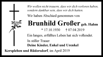 Traueranzeige von Brunhild Großer von Thüringer Allgemeine, Thüringische Landeszeitung