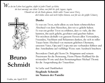 Traueranzeige von Bruno Schmidt von Thüringer Allgemeine, Thüringische Landeszeitung