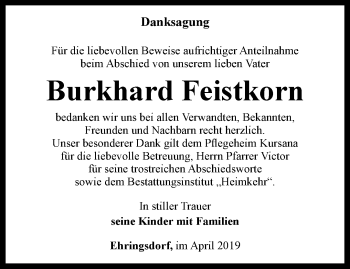 Traueranzeige von Burkhard Feistkorn von Thüringer Allgemeine, Thüringische Landeszeitung