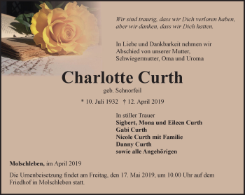 Traueranzeige von Charlotte Curth von Ostthüringer Zeitung, Thüringische Landeszeitung