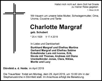 Traueranzeige von Charlotte Margraf von Ostthüringer Zeitung