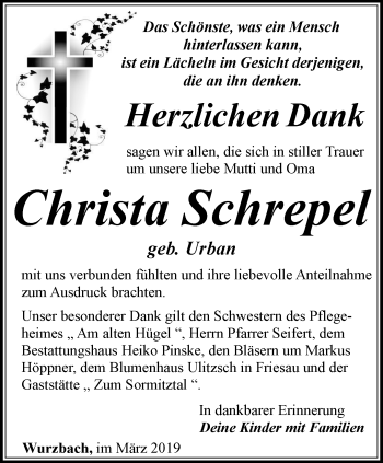 Traueranzeige von Christa Schrepel von Ostthüringer Zeitung