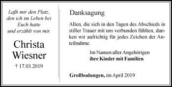 Traueranzeige von Christa Wiesner von Thüringer Allgemeine