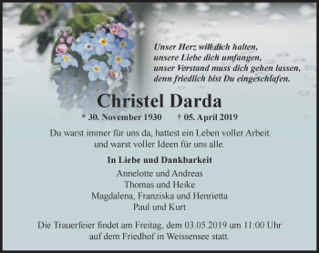 Traueranzeige von Christel Darda von Thüringer Allgemeine