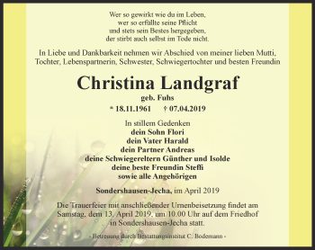 Traueranzeige von Christina Landgraf von Thüringer Allgemeine