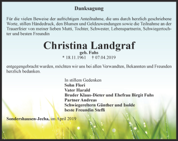 Traueranzeige von Christina Landgrag von Thüringer Allgemeine