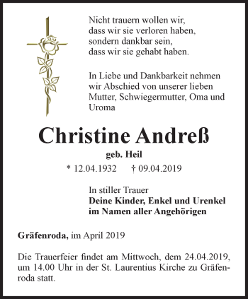 Traueranzeige von Christine Andreß von Thüringer Allgemeine