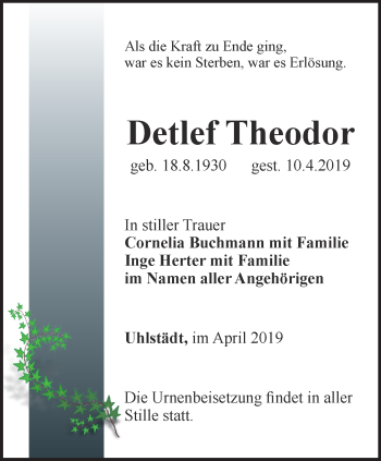 Traueranzeige von Detlef Theodor von Ostthüringer Zeitung