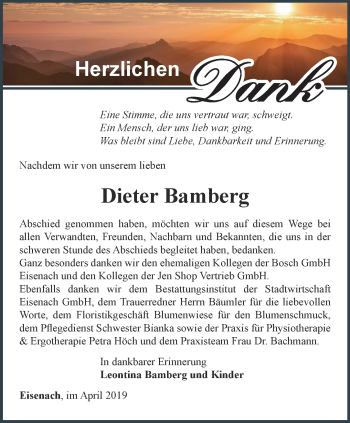 Traueranzeige von Dieter Bamberg von Thüringer Allgemeine, Thüringische Landeszeitung