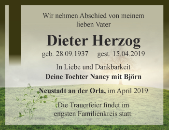 Traueranzeige von Dieter Herzog von Ostthüringer Zeitung