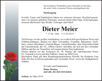 Traueranzeige von Dieter Meier von Ostthüringer Zeitung
