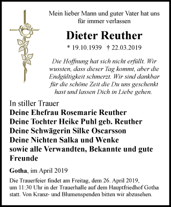 Traueranzeige von Dieter Reuther von Ostthüringer Zeitung, Thüringische Landeszeitung