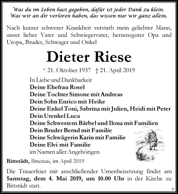 Traueranzeige von Dieter Riese von Thüringer Allgemeine