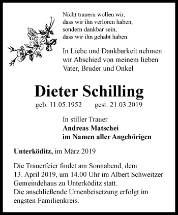 Traueranzeige von Dieter Schilling von Ostthüringer Zeitung