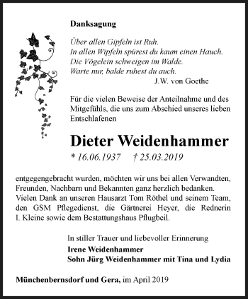 Traueranzeige von Dieter Weidenhammer von Ostthüringer Zeitung