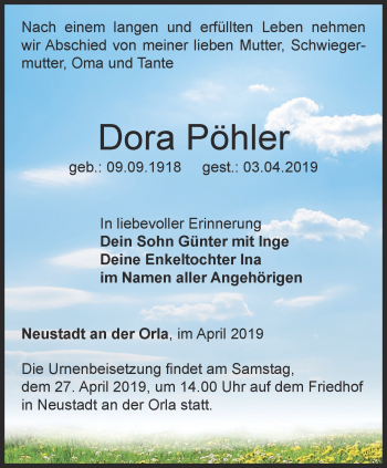 Traueranzeige von Dora Pöhler von Ostthüringer Zeitung