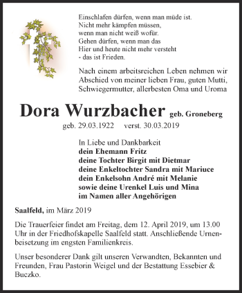 Traueranzeige von Dora Wurzbacher von Ostthüringer Zeitung