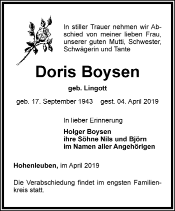 Traueranzeige von Doris Boysen von Ostthüringer Zeitung