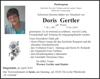 Traueranzeige von Doris Gertler von Thüringer Allgemeine