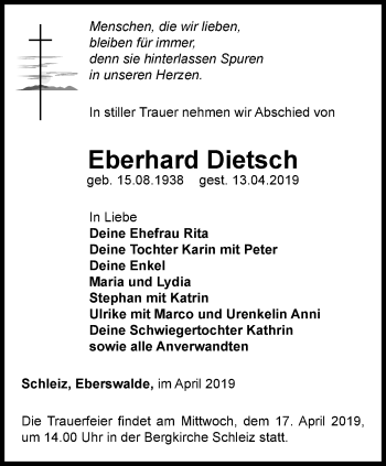 Traueranzeige von Eberhard Dietsch von Ostthüringer Zeitung