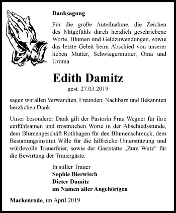 Traueranzeige von Edith Damitz von Thüringer Allgemeine