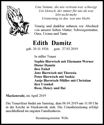 Traueranzeige von Edith Damitz von Thüringer Allgemeine