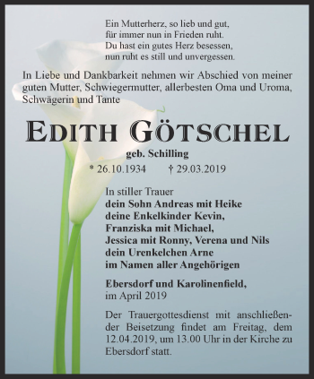 Traueranzeige von Edith Götschel von Ostthüringer Zeitung