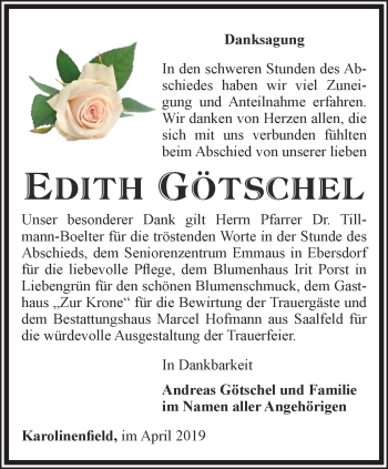 Traueranzeige von Edith Götschel von Ostthüringer Zeitung