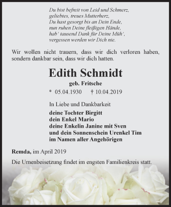 Traueranzeige von Edith Schmidt von Ostthüringer Zeitung