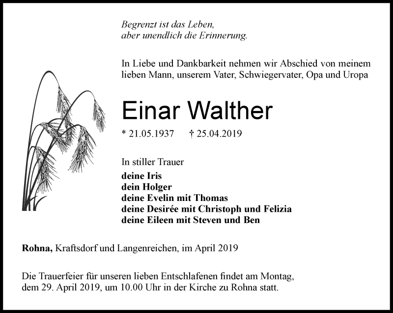  Traueranzeige für Einar Walther vom 27.04.2019 aus Ostthüringer Zeitung