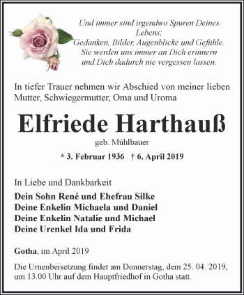 Traueranzeige von Elfriede Harthauß von Ostthüringer Zeitung, Thüringische Landeszeitung