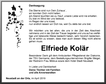 Traueranzeige von Elfriede Kolär von Ostthüringer Zeitung