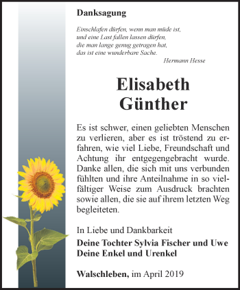 Traueranzeige von Elisabeth Günther von Thüringer Allgemeine, Thüringische Landeszeitung