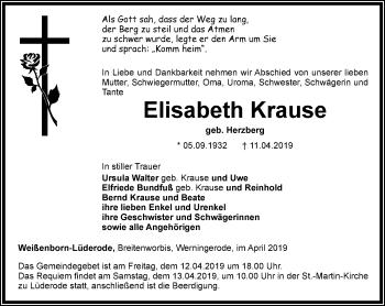 Traueranzeige von Elisabeth Krause von Thüringer Allgemeine