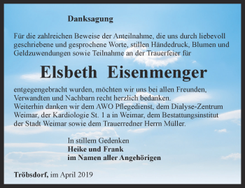 Traueranzeige von Elsbeth Eisenmenger von Thüringer Allgemeine, Thüringische Landeszeitung
