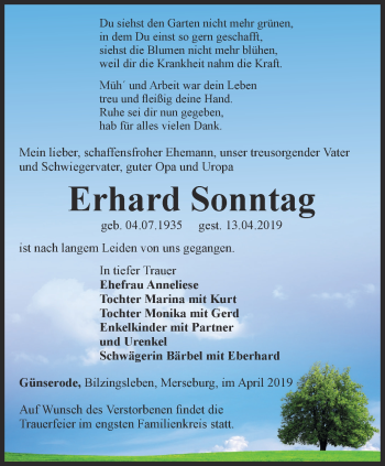 Traueranzeige von Erhard Sonntag von Thüringer Allgemeine
