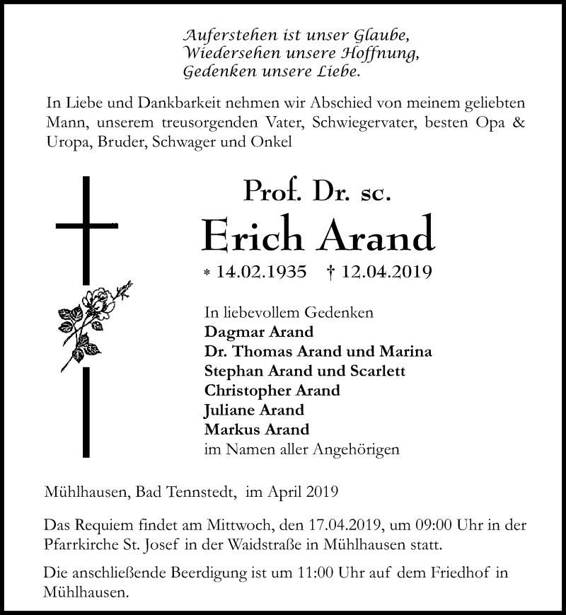  Traueranzeige für Erich Arand vom 13.04.2019 aus Thüringer Allgemeine, Thüringische Landeszeitung