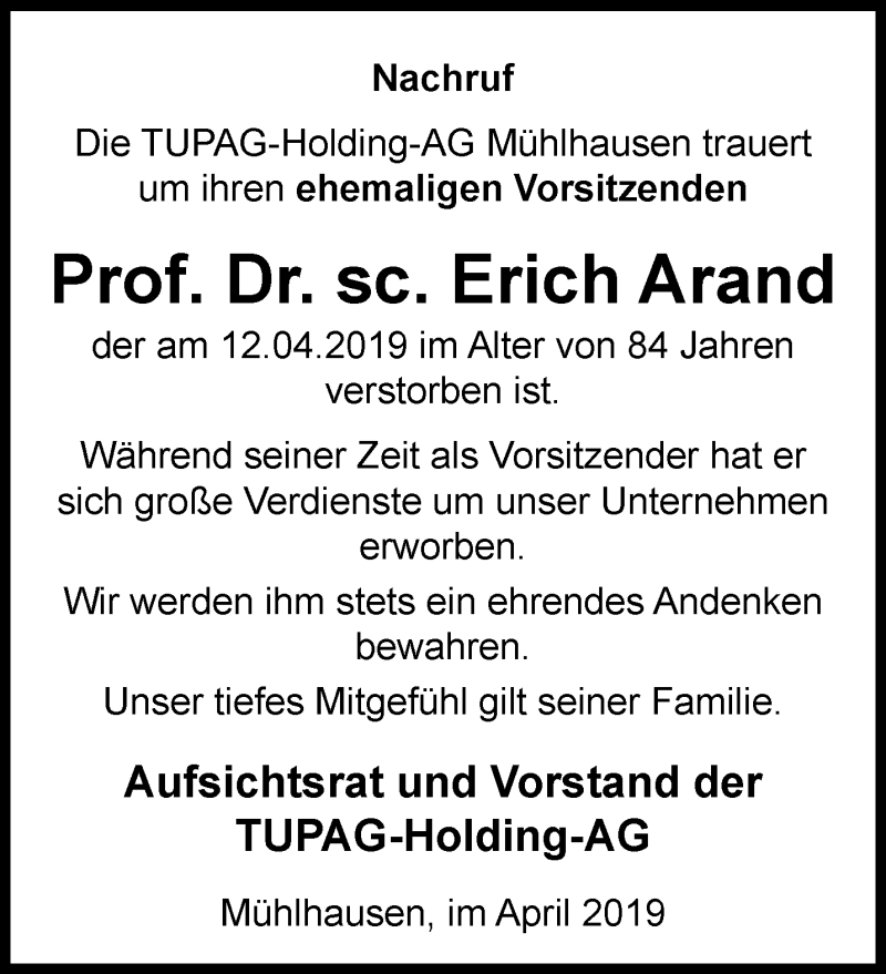  Traueranzeige für Erich Arand vom 17.04.2019 aus Thüringer Allgemeine, Thüringische Landeszeitung