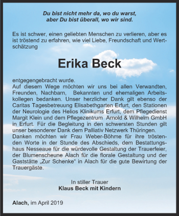 Traueranzeige von Erika Beck von Thüringer Allgemeine, Thüringische Landeszeitung