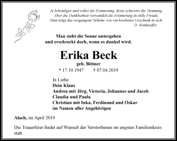 Traueranzeige von Erika Beck von Thüringer Allgemeine, Thüringische Landeszeitung