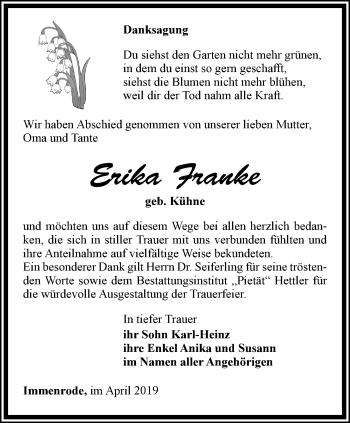 Traueranzeige von Erika Franke von Thüringer Allgemeine