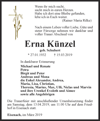 Traueranzeige von Erna Künzel von Thüringer Allgemeine, Thüringische Landeszeitung