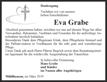 Traueranzeige von Eva Grabe von Thüringer Allgemeine, Thüringische Landeszeitung