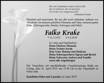 Traueranzeige von Falko Krake von Ostthüringer Zeitung