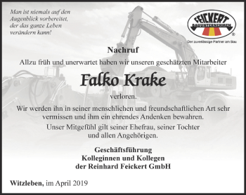 Traueranzeige von Falko Krake von Thüringer Allgemeine