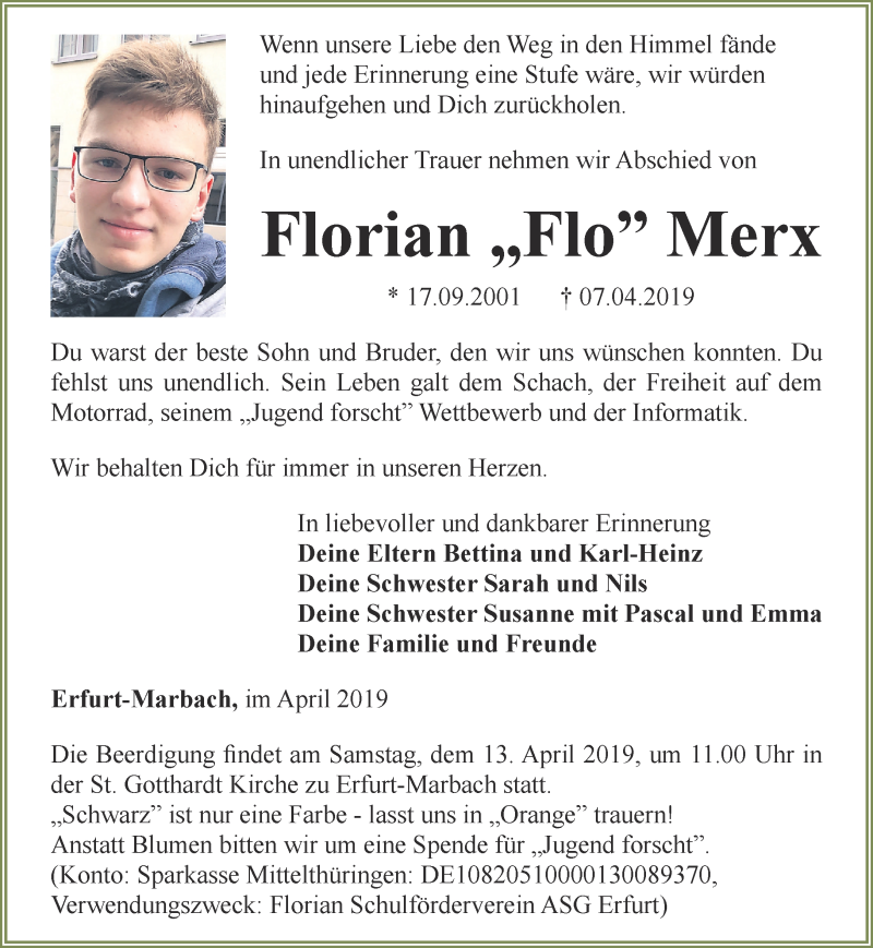  Traueranzeige für Florian Flo Merx vom 10.04.2019 aus Thüringer Allgemeine, Thüringische Landeszeitung